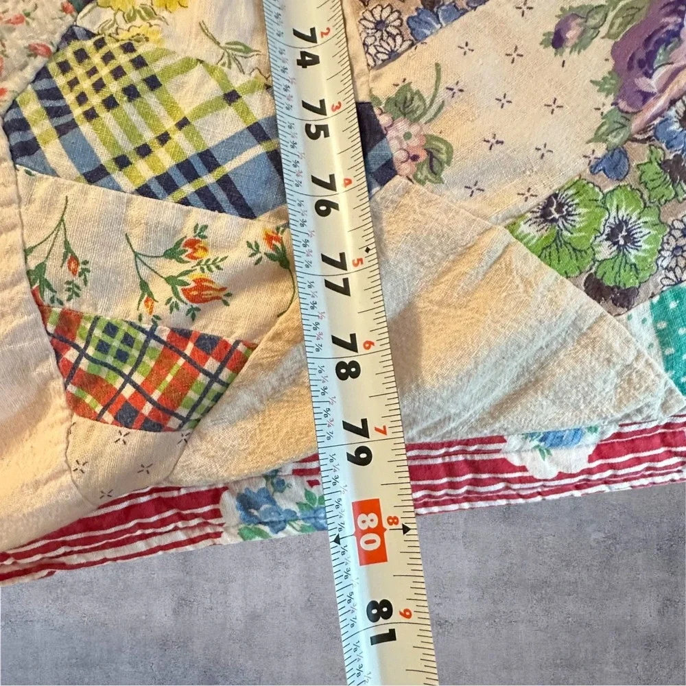 Vintage MCM Quilt 80x64 Multicolor Hand Sewn Patchwork Star/Pinwheel